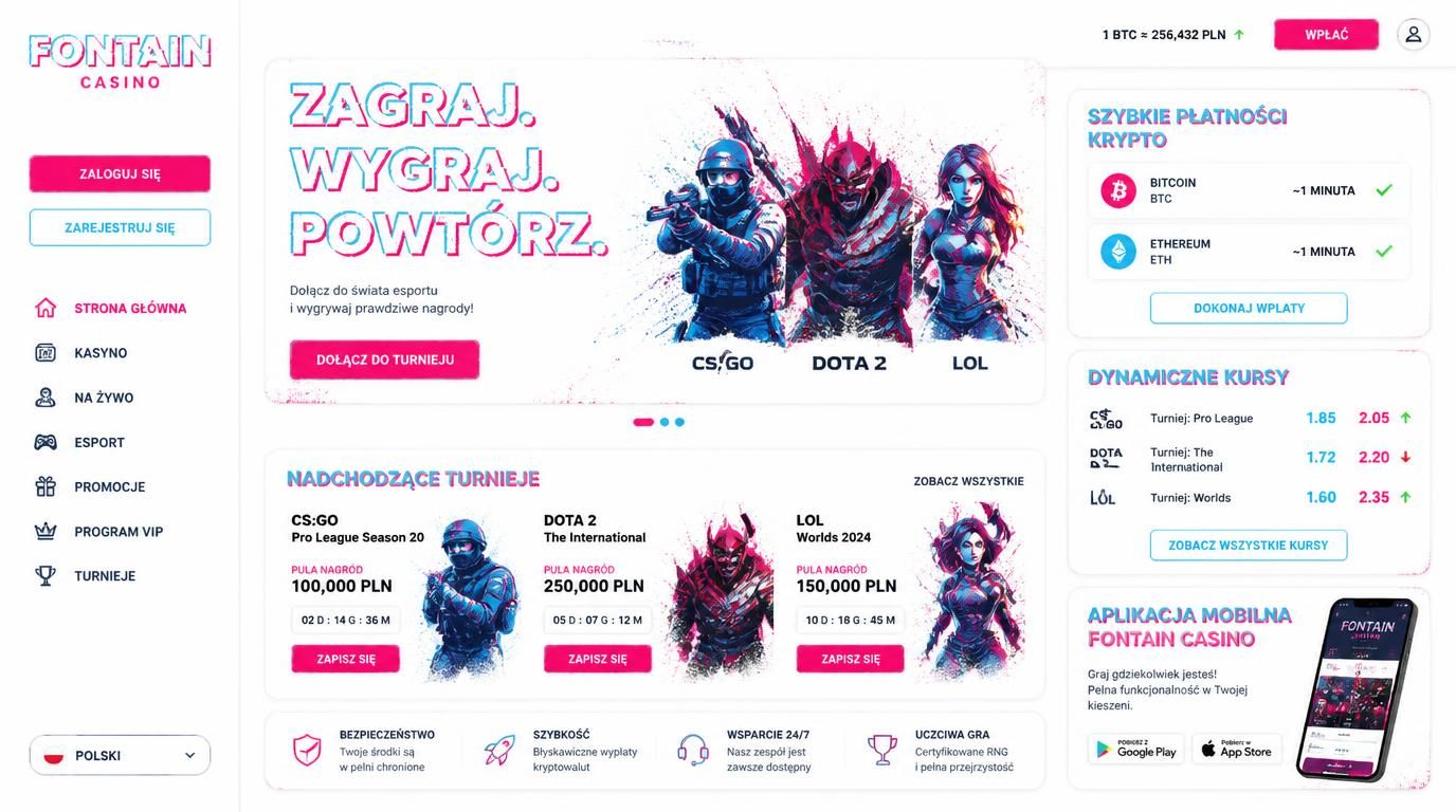 Interfejs esportowy z motywem krypto i aplikacją mobilną