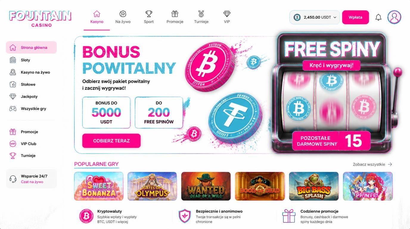 Widok panelu bonusu powitalnego z krypto i free spinami
