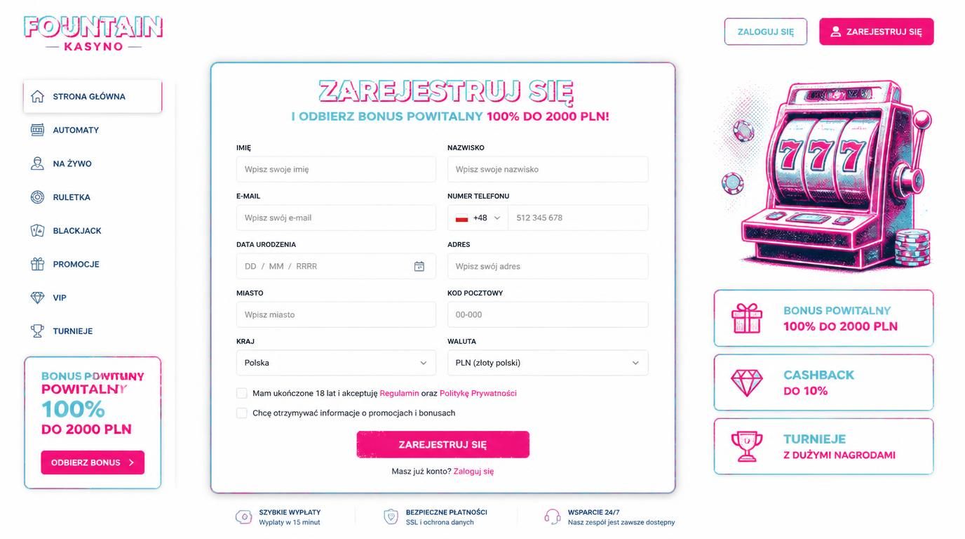 Formularz rejestracji i wybór PLN oraz polskiego numeru telefonu